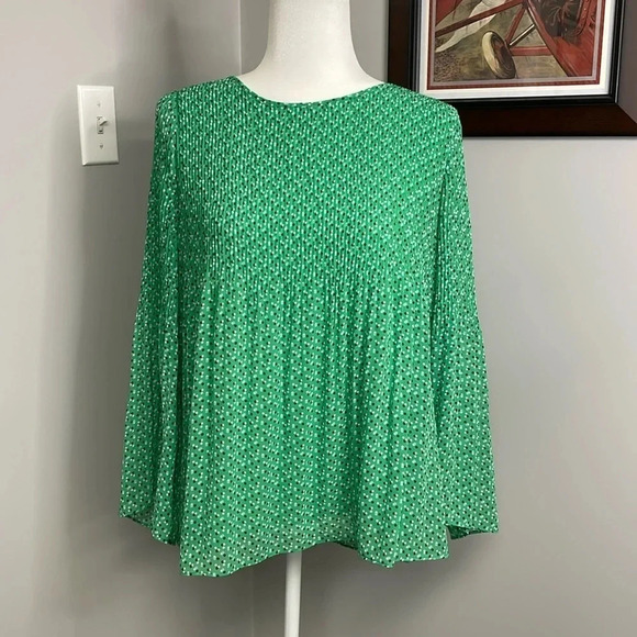Max Studio Green Blue Polka Dot Pleated Long Sleeve Blouse Size Large - Picture 1 of 6
